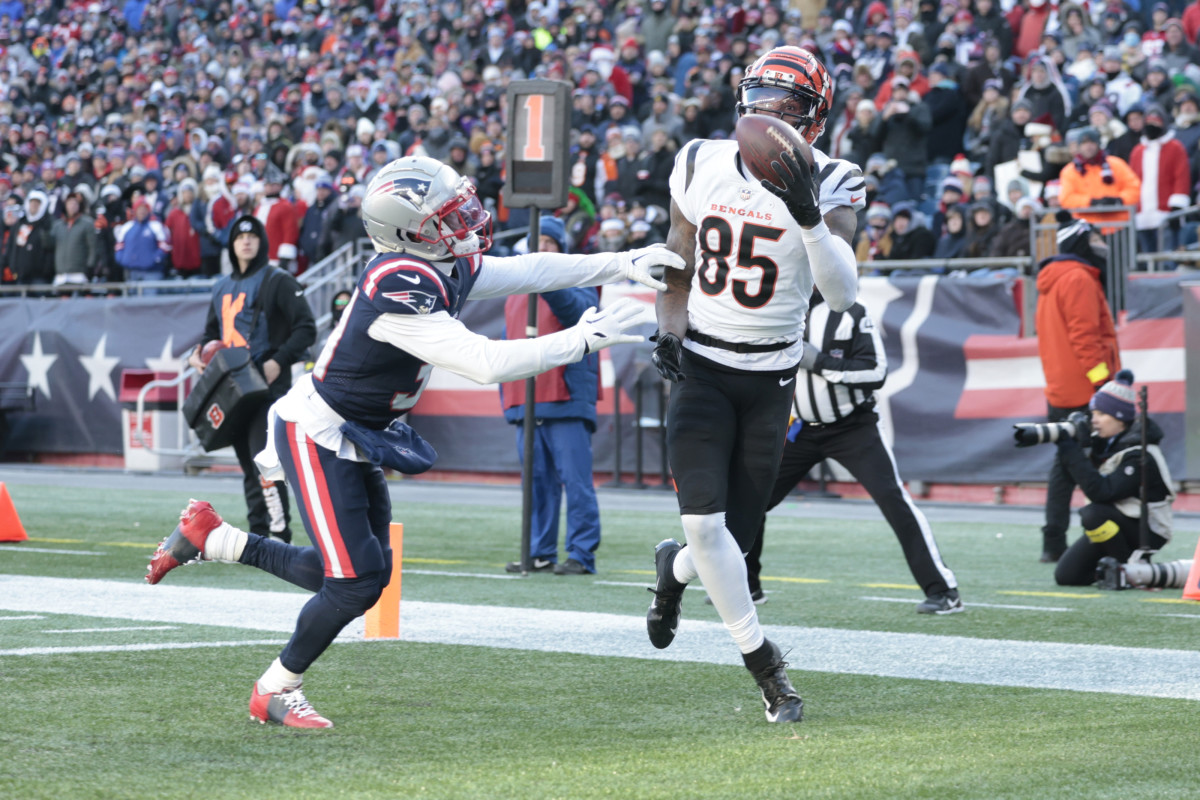 Tee Higgins (85) makes a one-handed catch.
